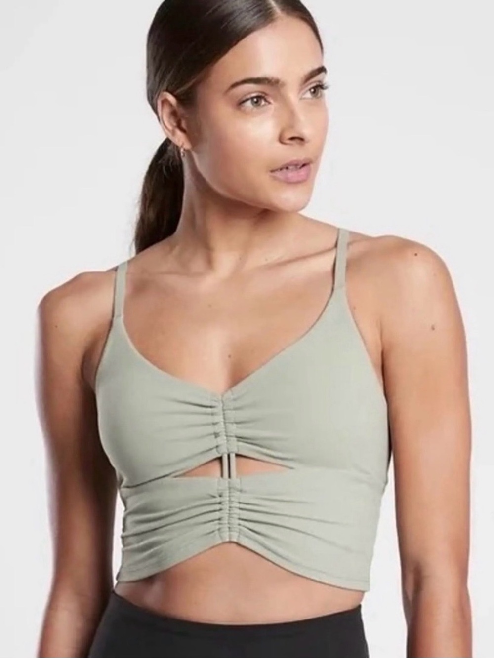 Athleta Green Ruched Cinched Cutout Crop Tank Bra Top- S D/DD